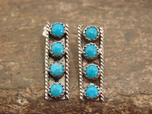Native American Sterling Silver Handmade Turquoise Row Post Earrings - Spencer