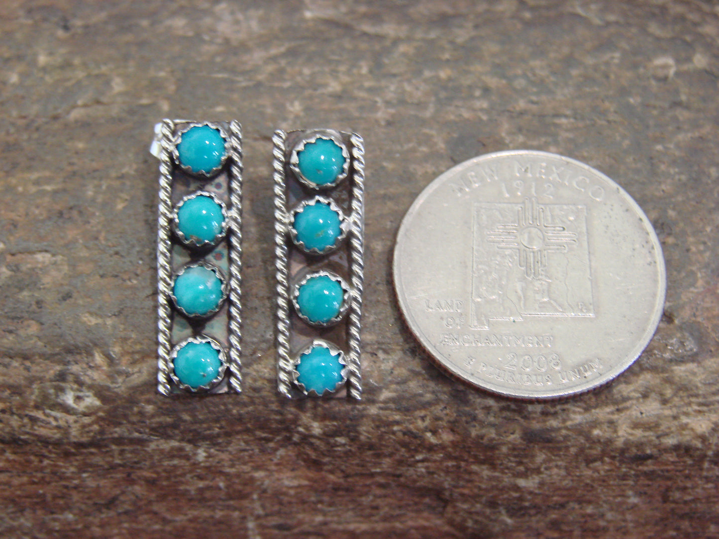Native American Sterling Silver Handmade Turquoise Row Post Earrings - Spencer