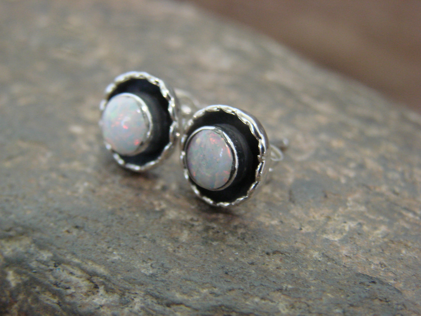Native American Sterling Silver & White Opal Stud Post Earrings - Leekity