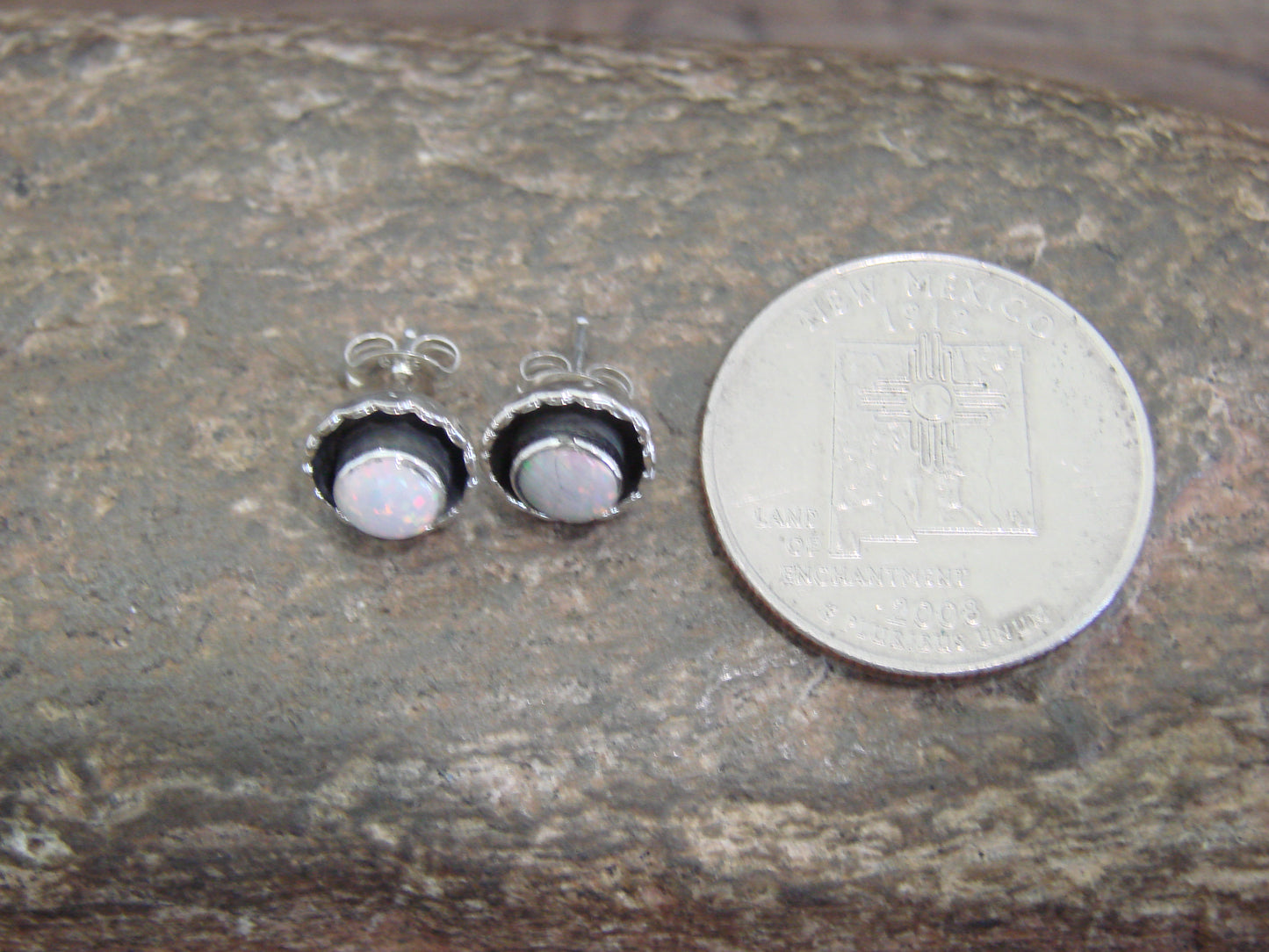 Native American Sterling Silver & White Opal Stud Post Earrings - Leekity