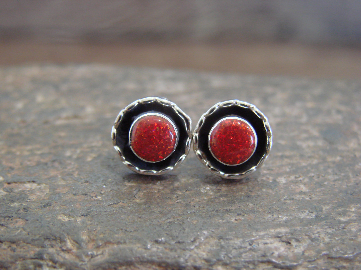 Native American Sterling Silver & Red Opal Stud Post Earrings - Leekity