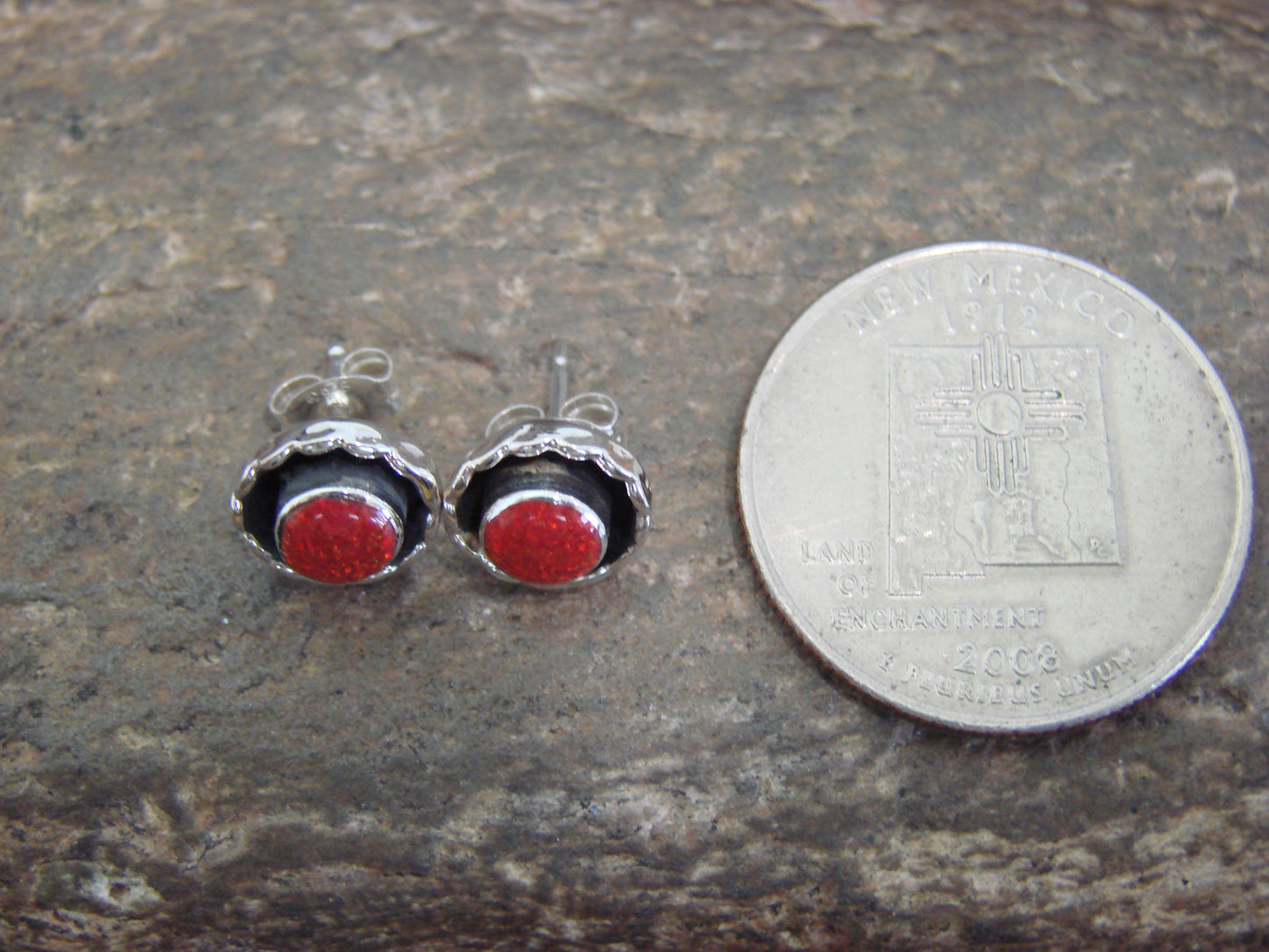 Native American Sterling Silver & Red Opal Stud Post Earrings - Leekity