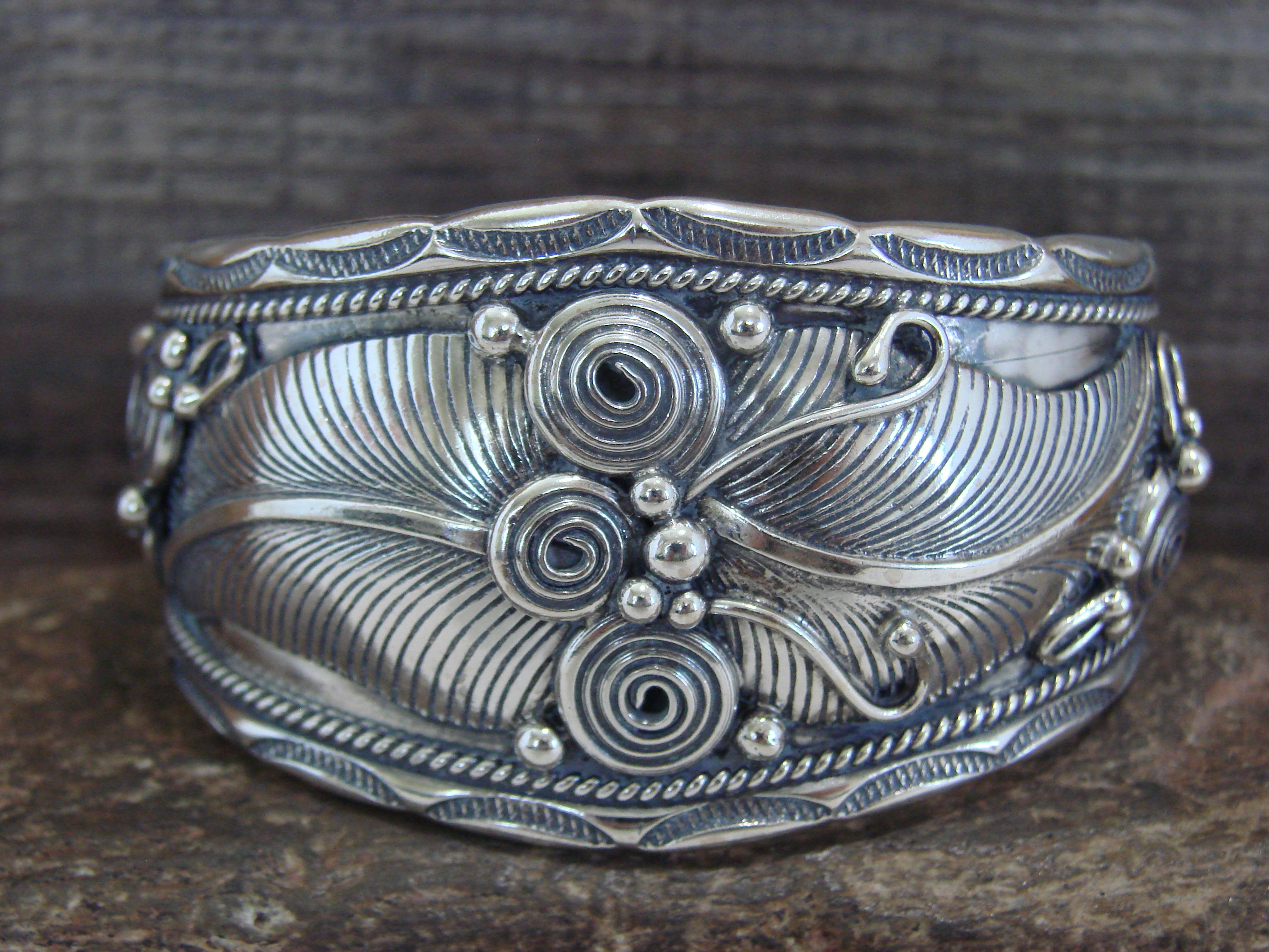 Native American Navajo Sterling Silver Feather Bracelet by D