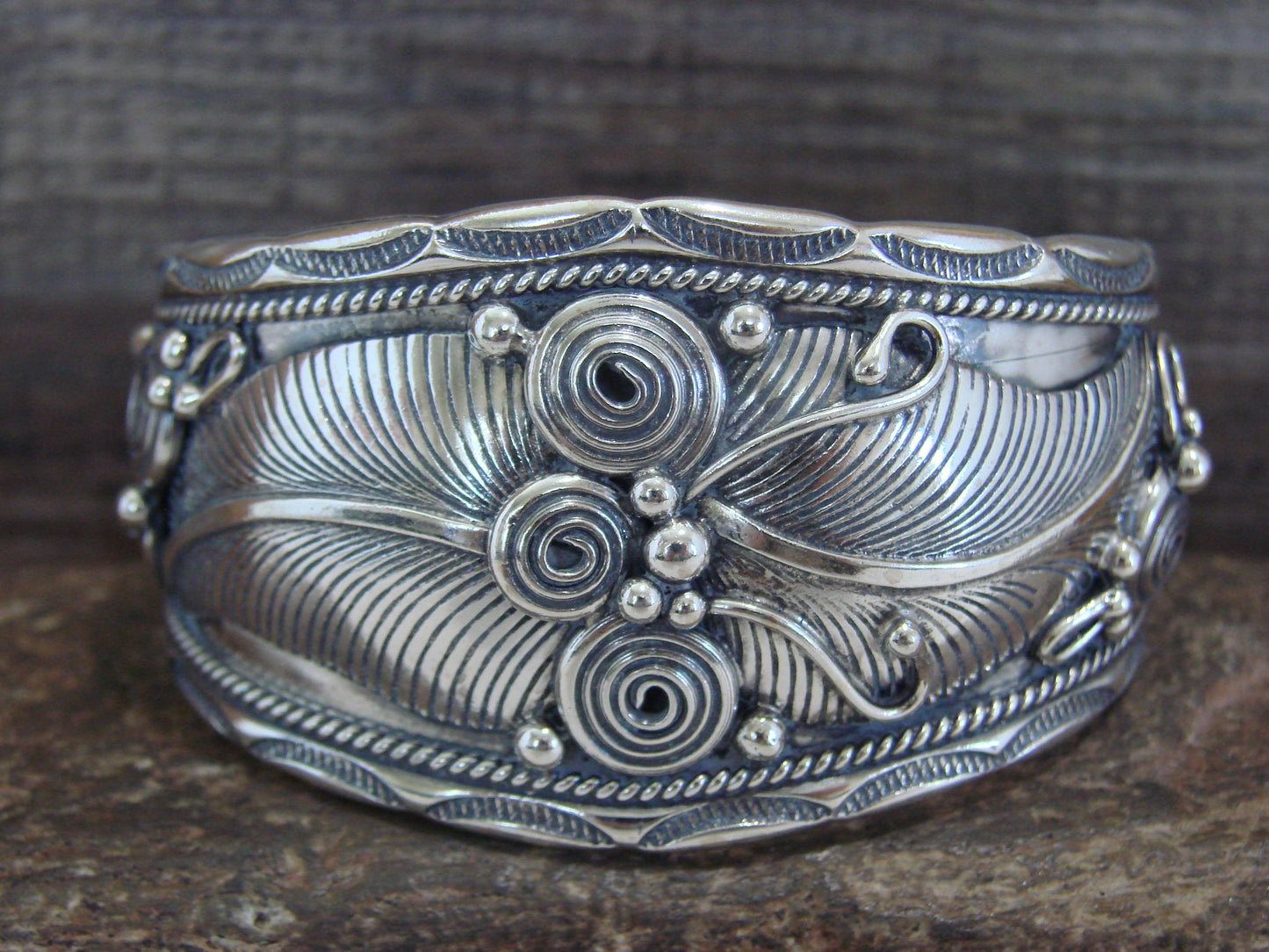 Native American Navajo Sterling Silver Feather Bracelet by D Morgan