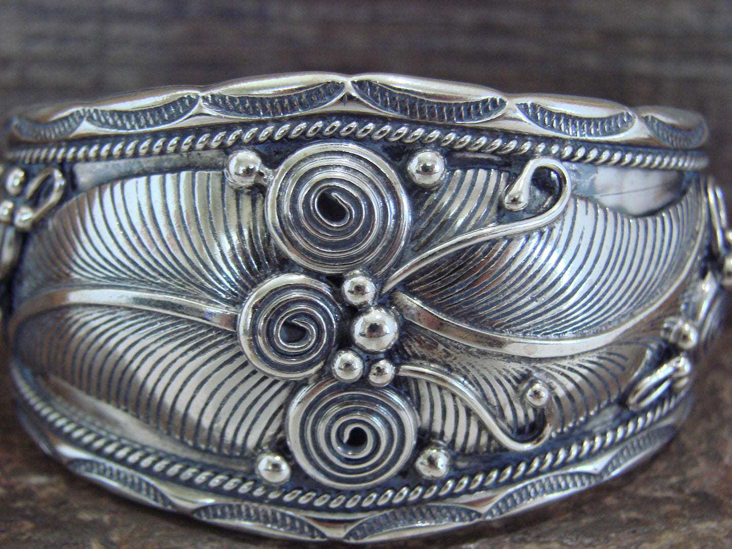 Native American Navajo Sterling Silver Feather Bracelet by D Morgan