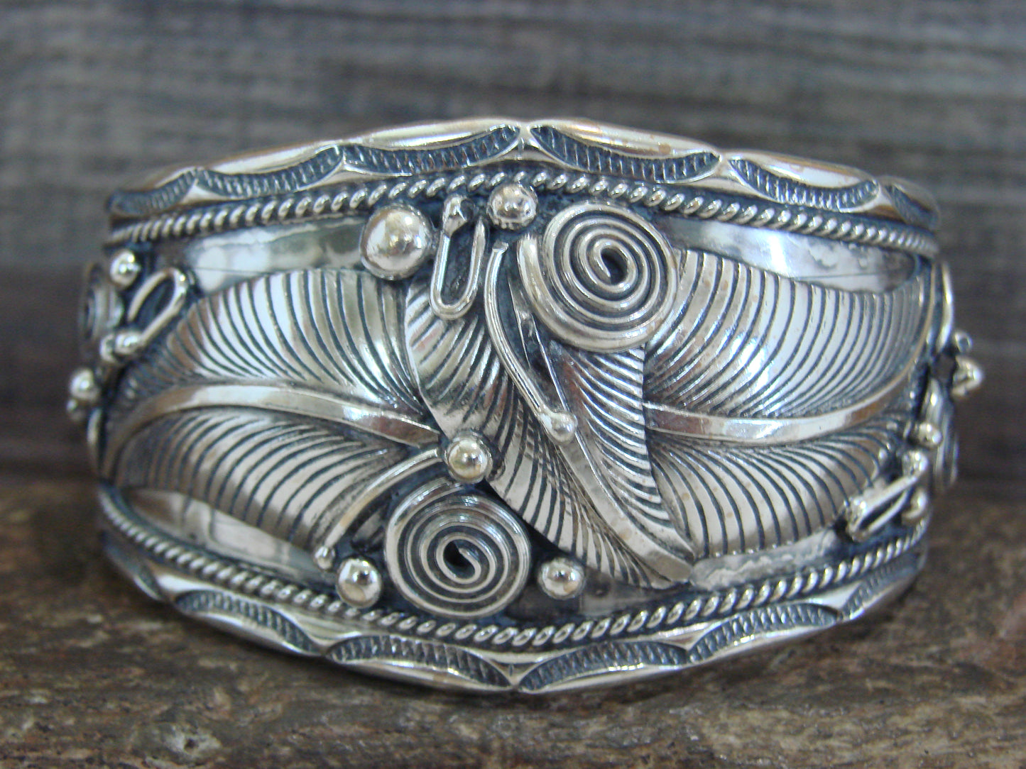 Native American Navajo Sterling Silver Feather Bracelet by D Morgan