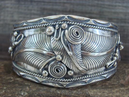 Native American Navajo Sterling Silver Feather Bracelet by D Morgan