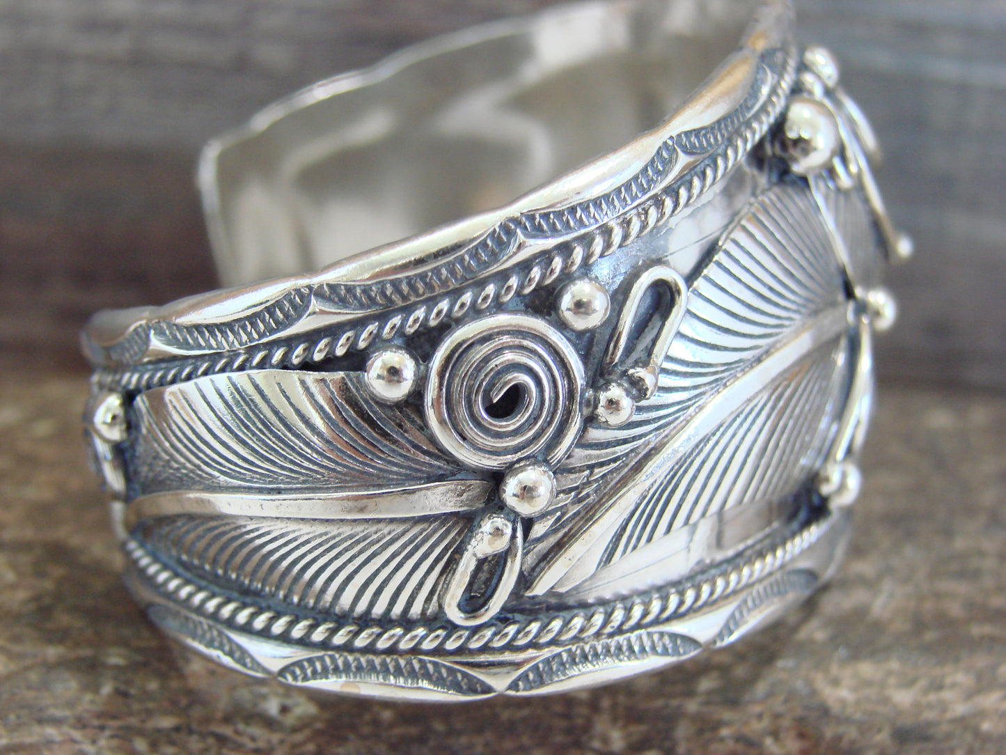 Native American Navajo Sterling Silver Feather Bracelet by D Morgan