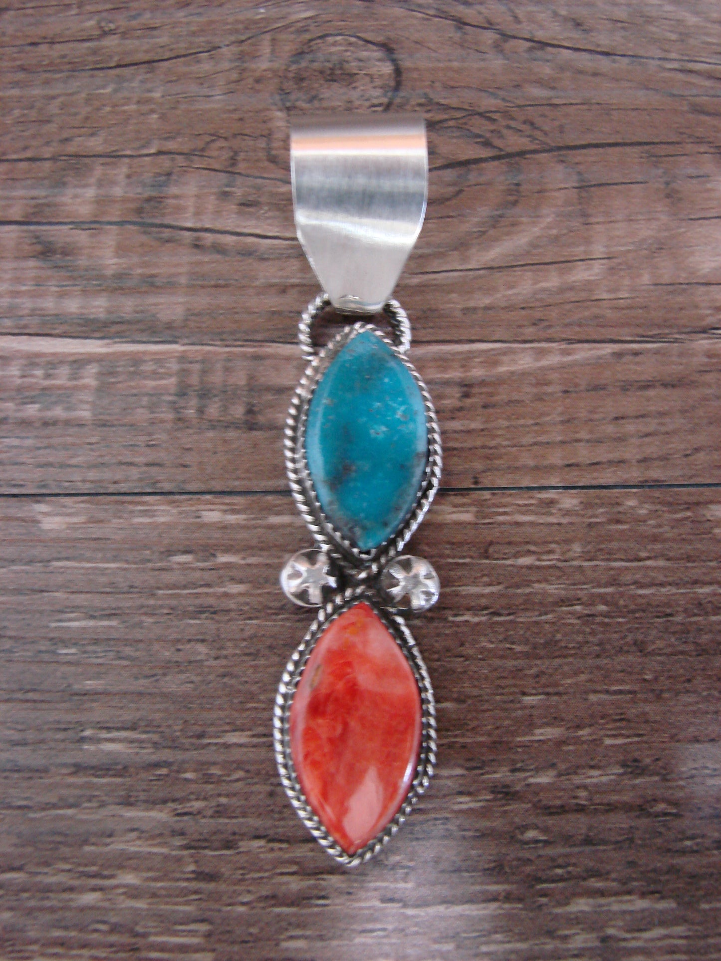 Native American Sterling Silver Turquoise & Spiny Oyster Pendant by Warner