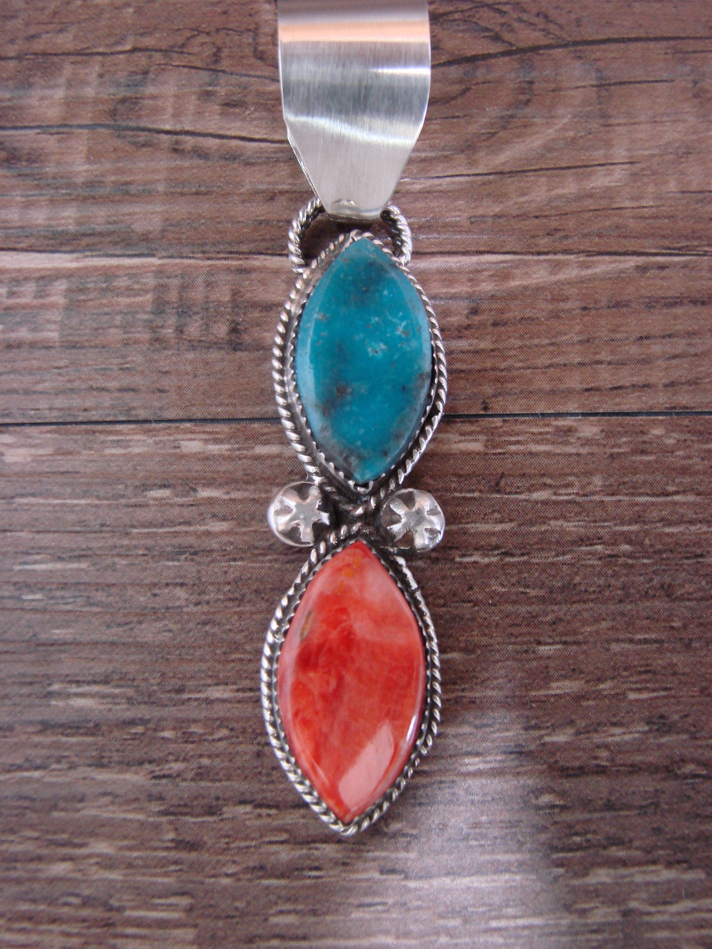 Native American Sterling Silver Turquoise & Spiny Oyster Pendant by Warner