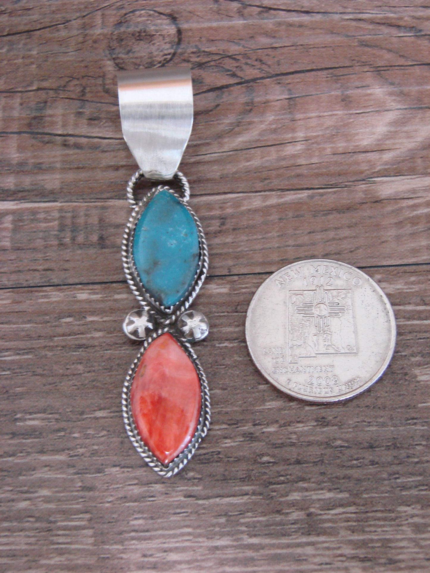 Native American Sterling Silver Turquoise & Spiny Oyster Pendant by Warner
