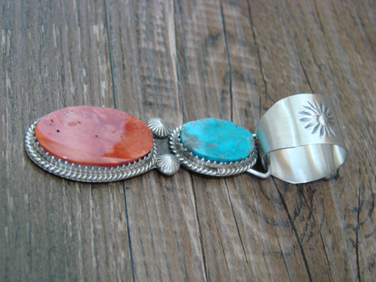 Native American Sterling Silver Turquoise & Spiny Oyster Pendant by Warner