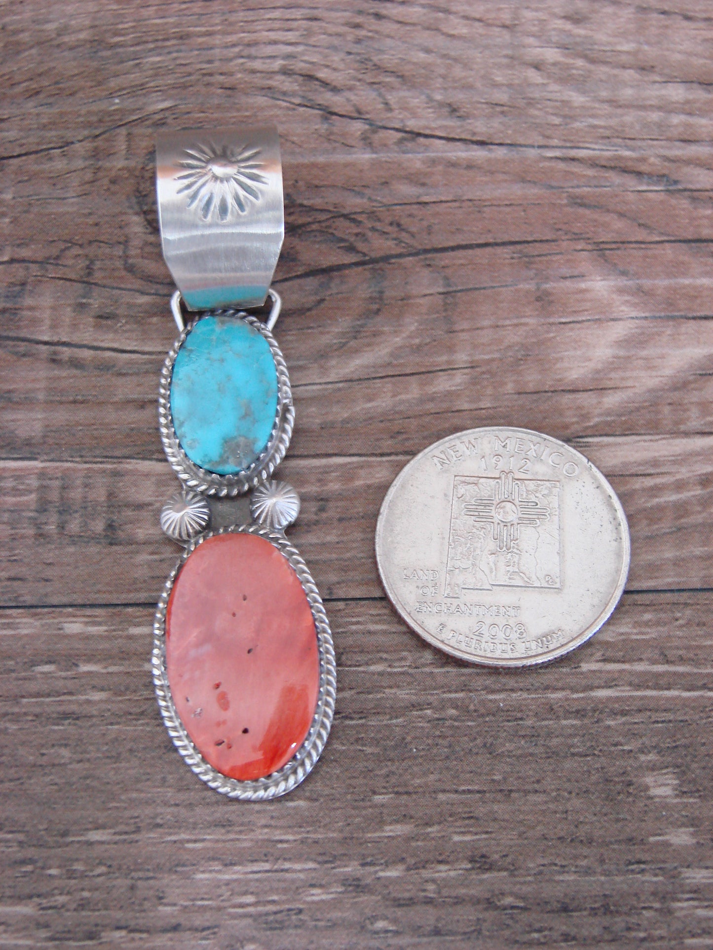 Native American Sterling Silver Turquoise & Spiny Oyster Pendant by Warner