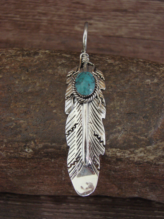 Native American Sterling Silver & Turquoise Feather Pendant by Yazzie