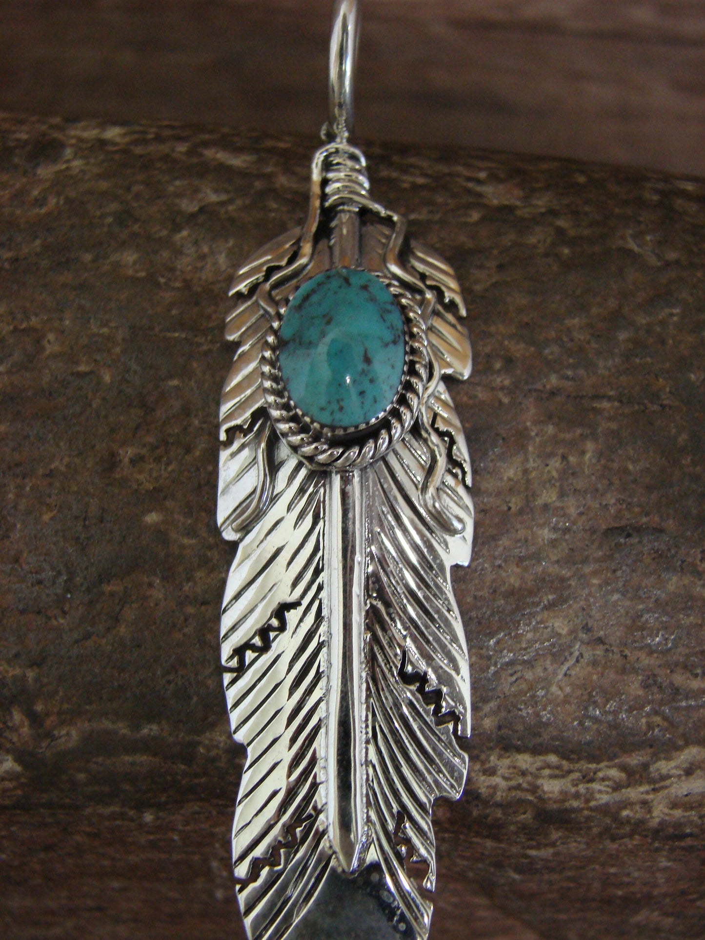 Native American Sterling Silver & Turquoise Feather Pendant by Yazzie