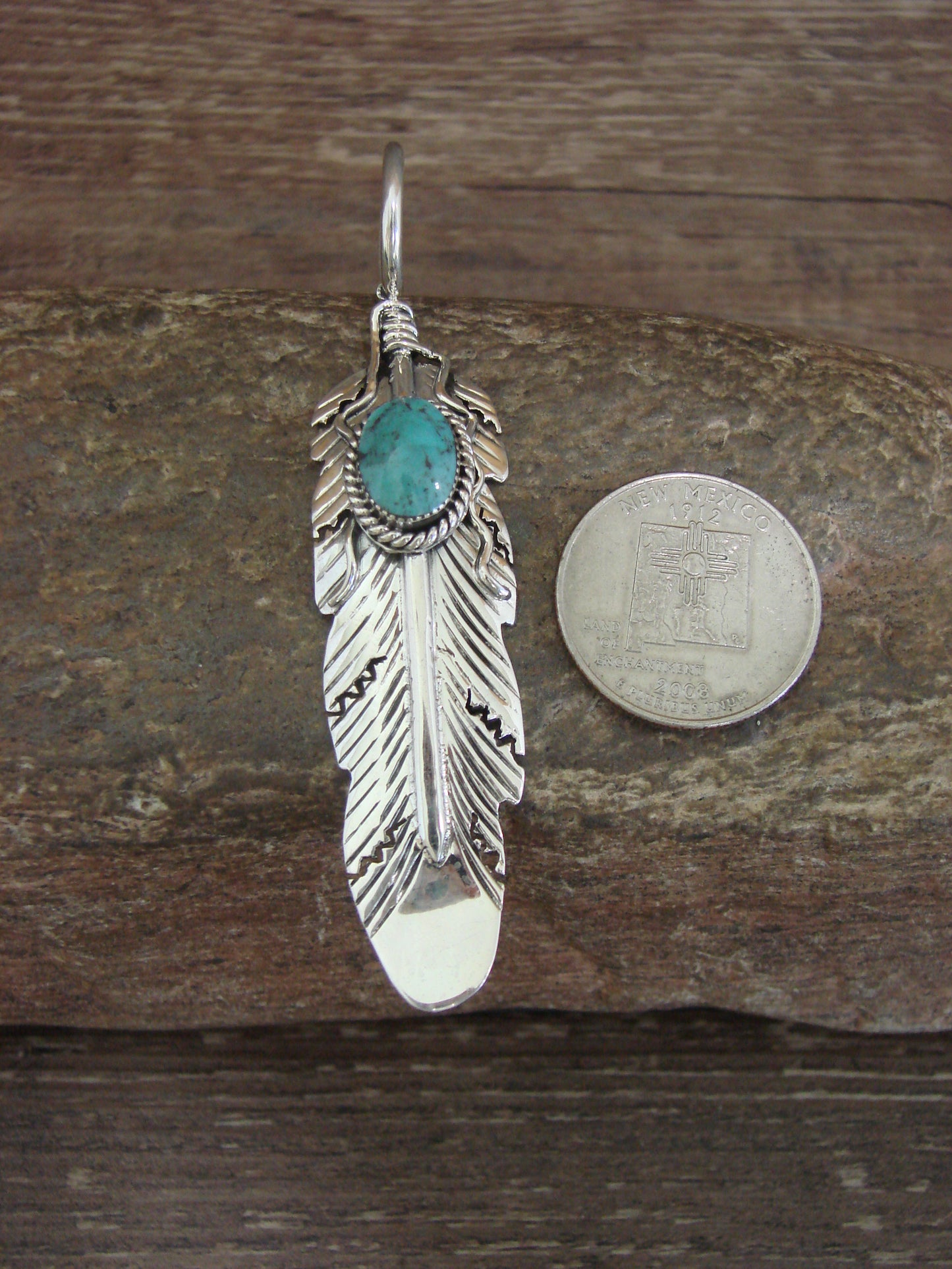Native American Sterling Silver & Turquoise Feather Pendant by Yazzie