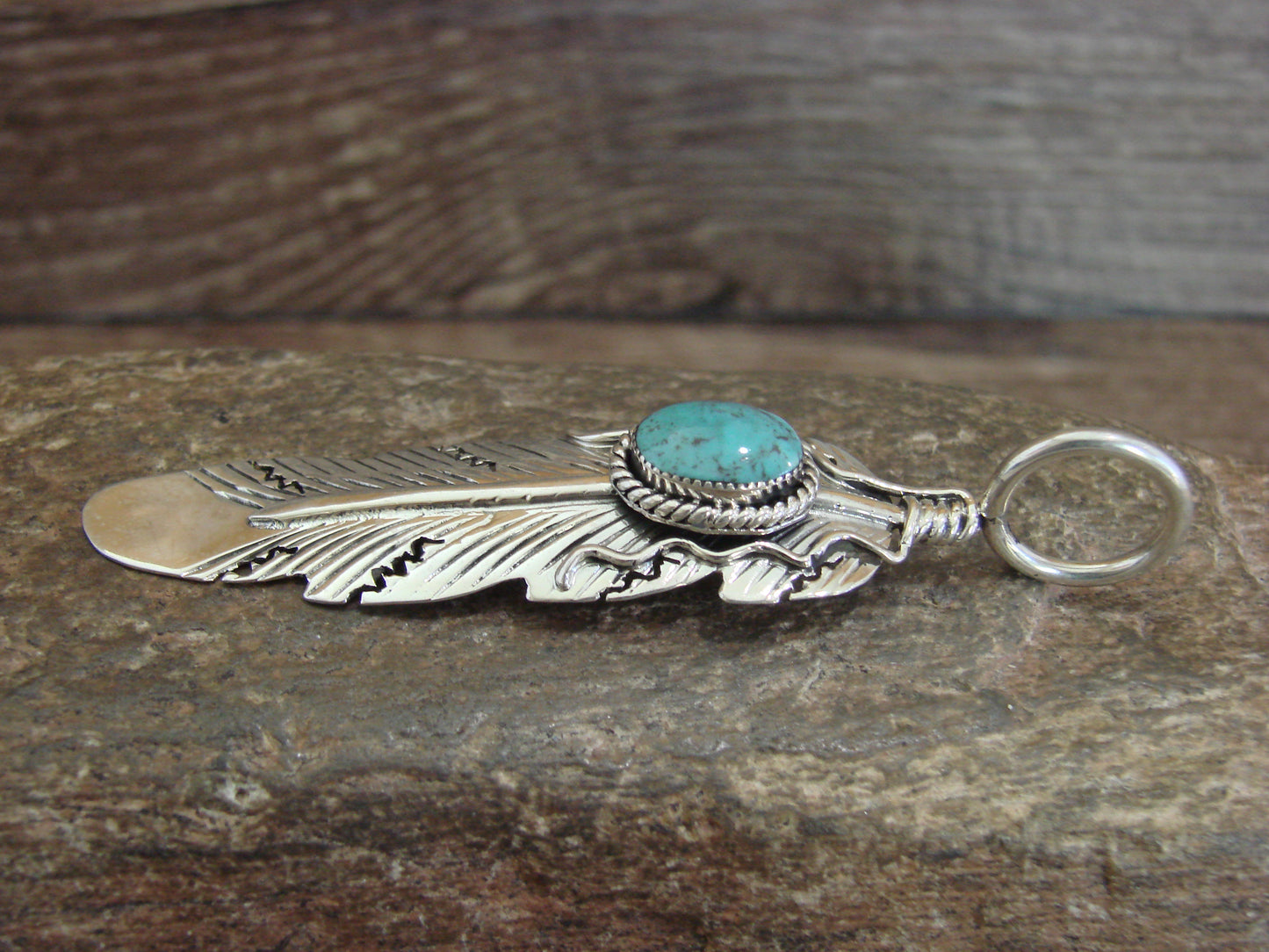 Native American Sterling Silver & Turquoise Feather Pendant by Yazzie