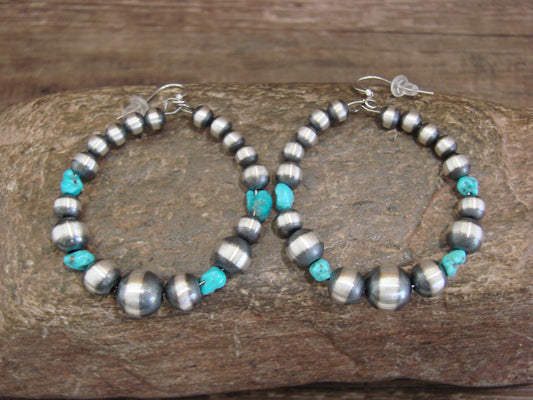 Native American Sterling Silver Navajo Pearl & Turquoise Loop Dangle Earrings Mariano