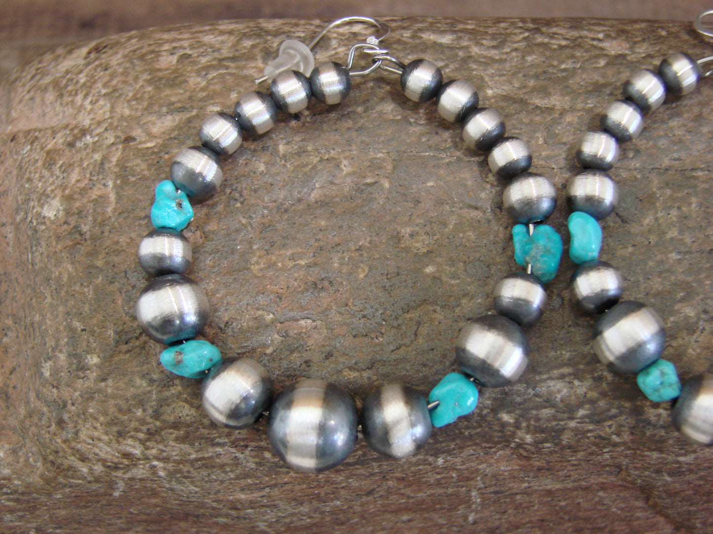 Native American Sterling Silver Navajo Pearl & Turquoise Loop Dangle Earrings Mariano