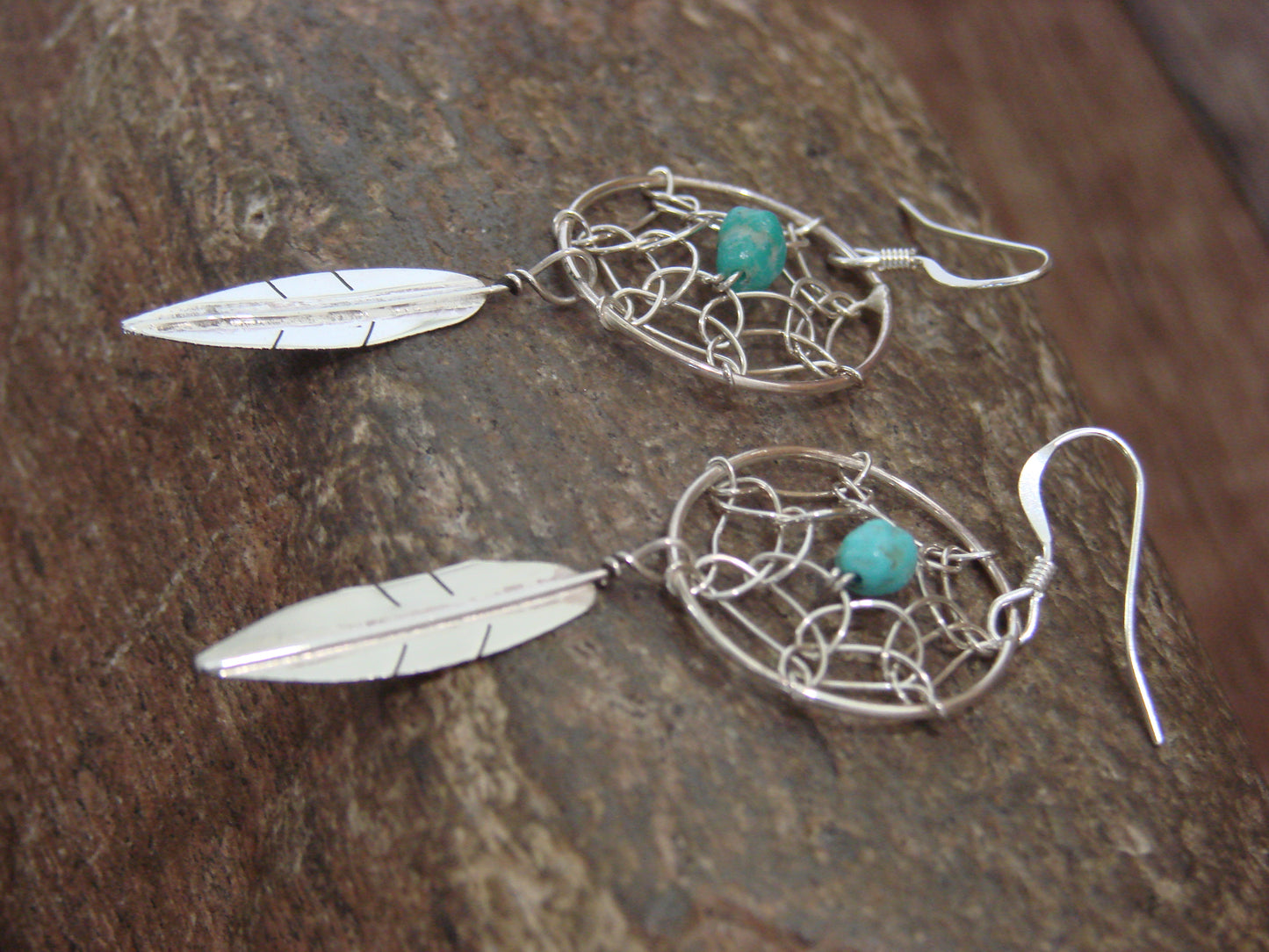 Native American Sterling Silver & Turquoise Dream Catcher Dangle Earrings - Arviso