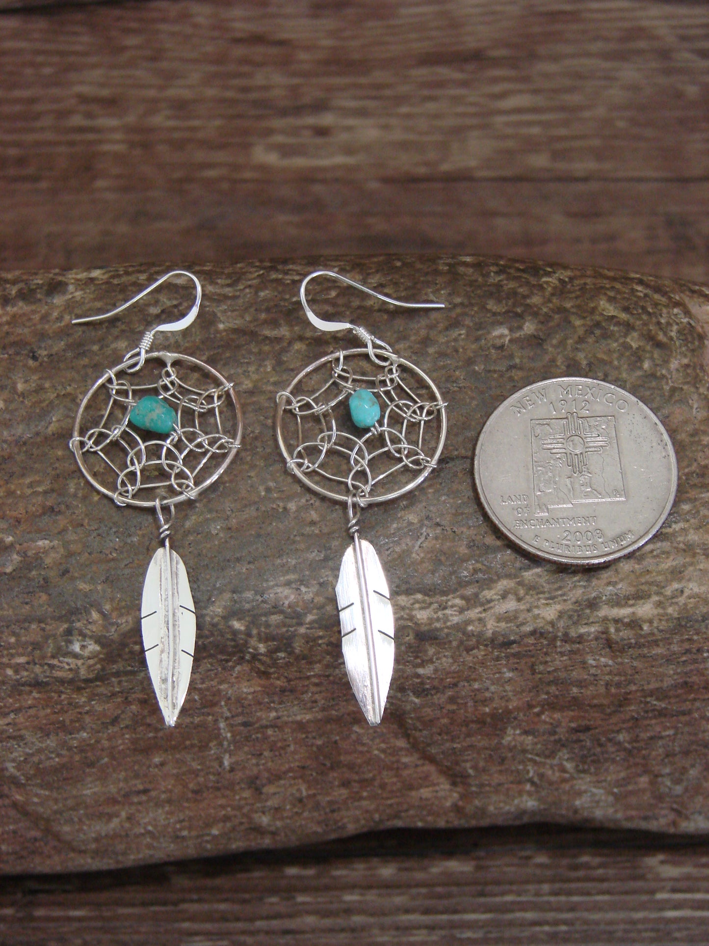 Native American Sterling Silver & Turquoise Dream Catcher Dangle Earrings - Arviso