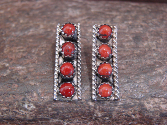 Native American Sterling Silver Handmade Coral Row Post Earrings - Spencer