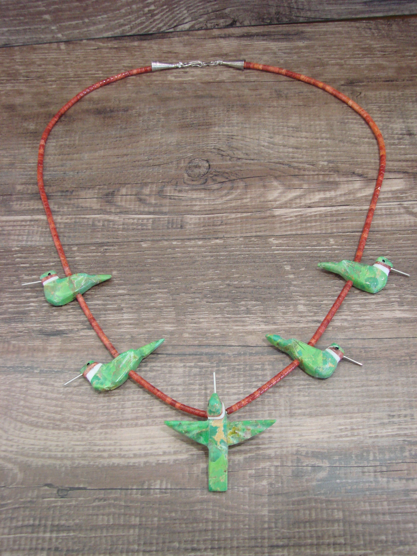 Hand Carved Gaspeite & Coral Hummingbird Fetish Necklace - Mitchell