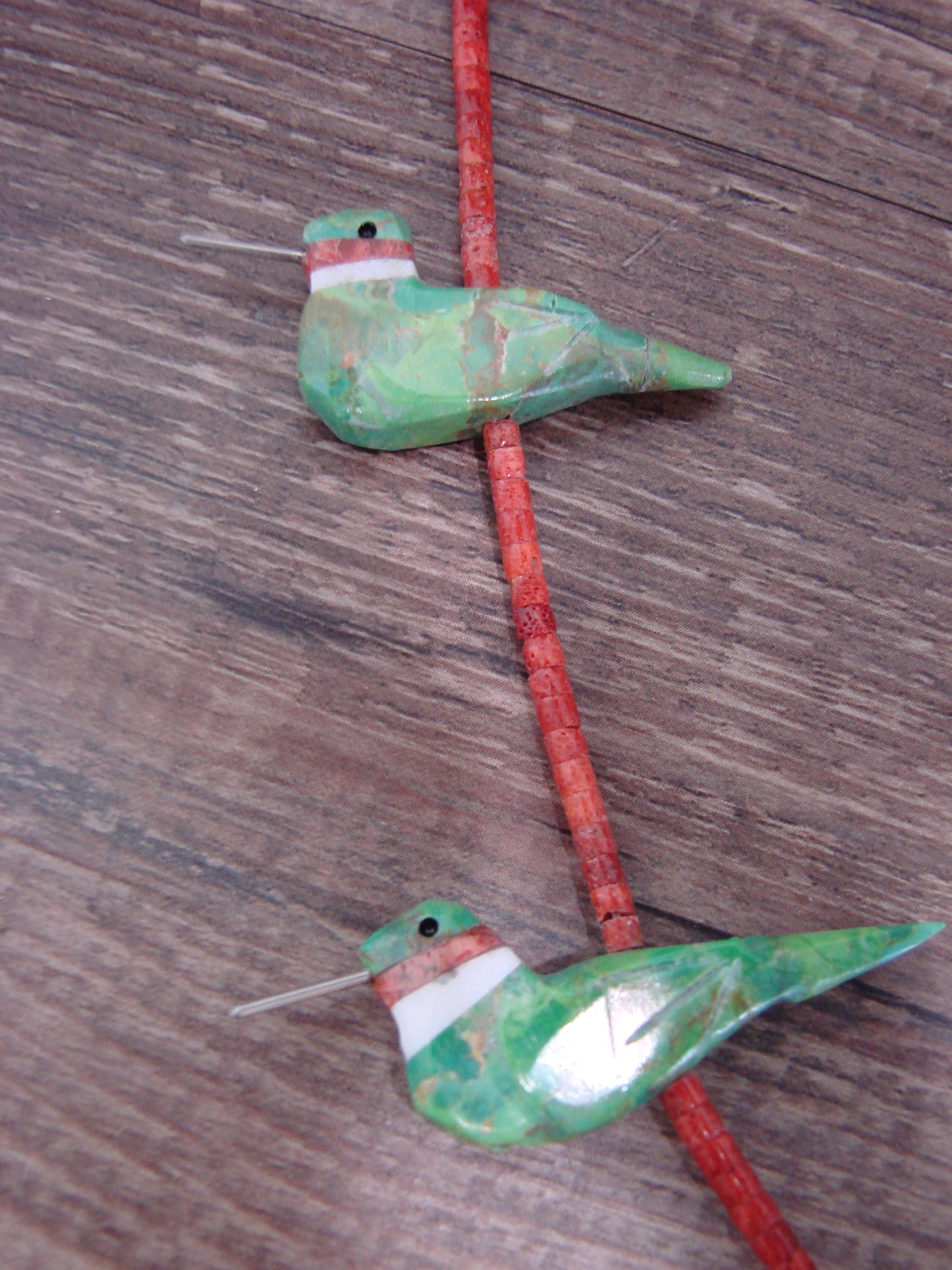 Hand Carved Gaspeite & Coral Hummingbird Fetish Necklace - Mitchell