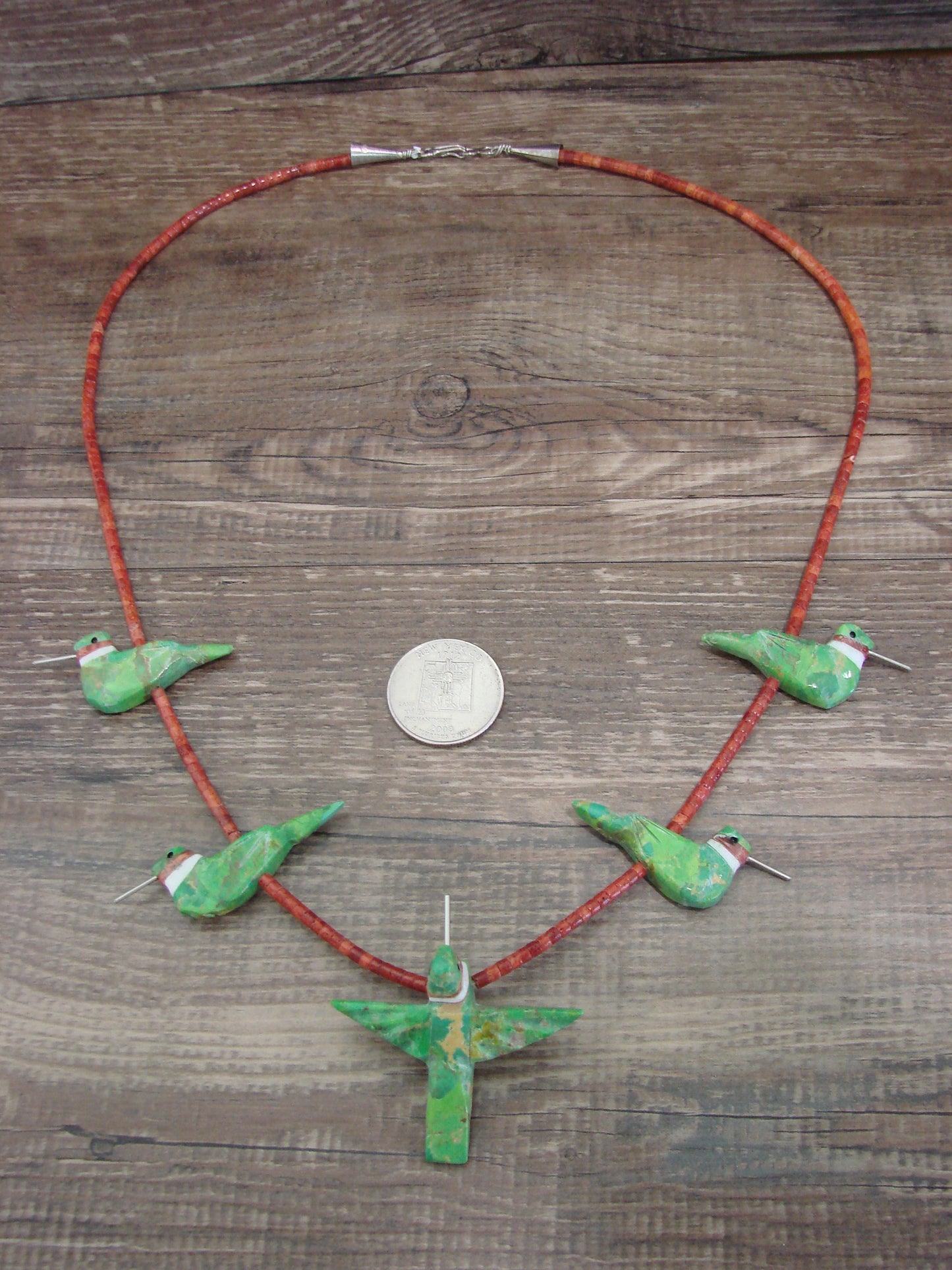 Hand Carved Gaspeite & Coral Hummingbird Fetish Necklace - Mitchell