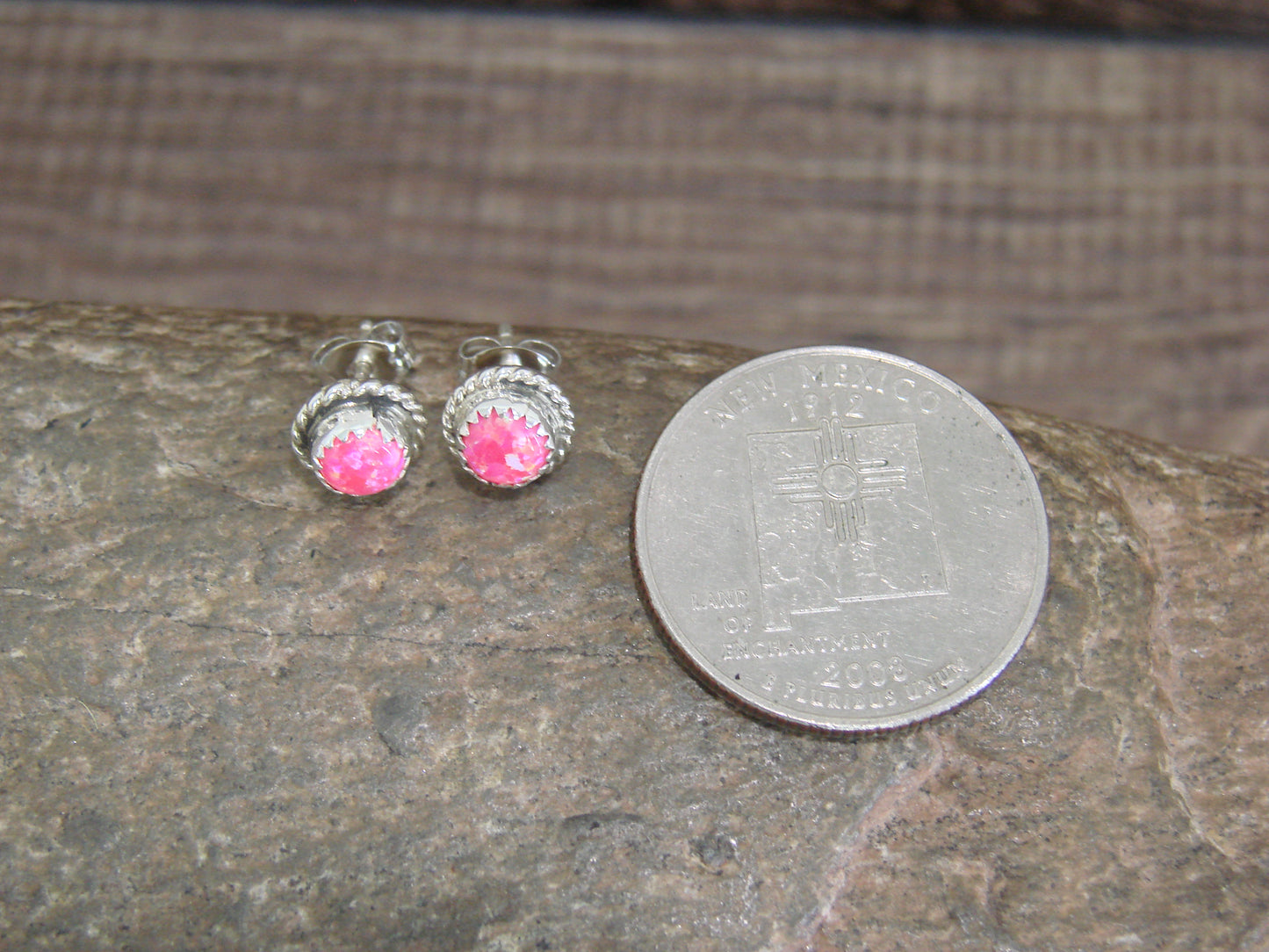 Native American Sterling Silver 1/4" Round Pink Opal Post Earrings by White