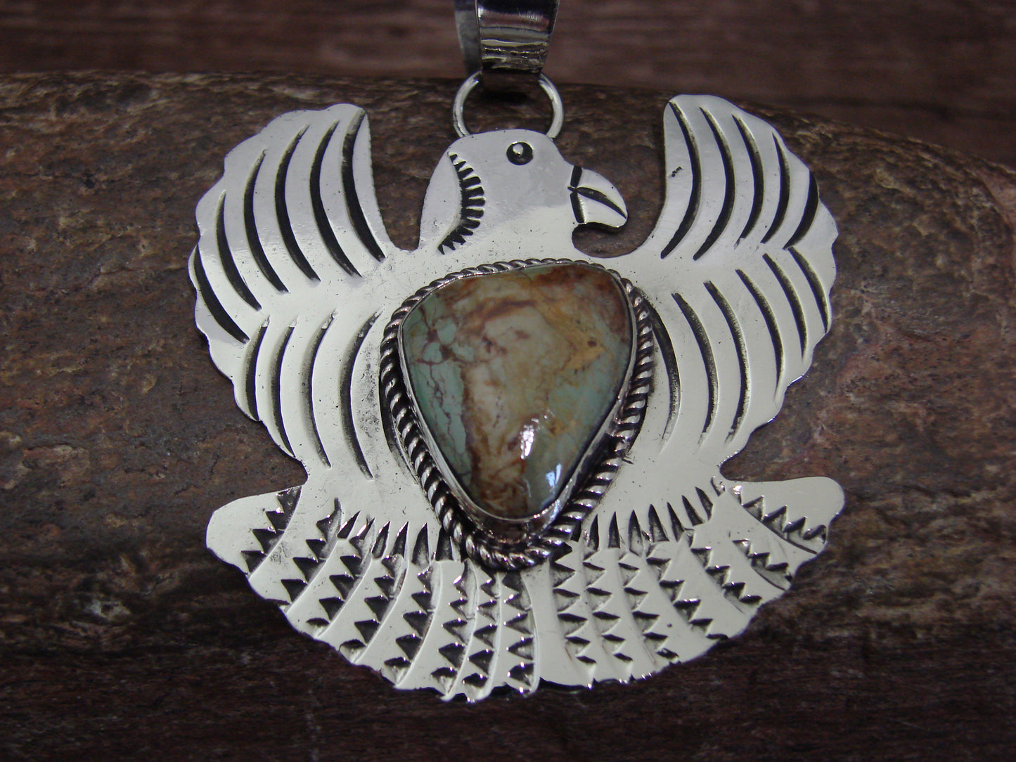 Native American Nickel Silver & Turquoise Eagle Pendant - Cleveland