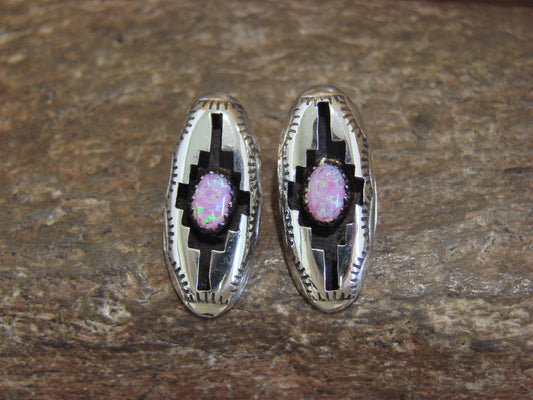 Native American Sterling Silver Shadowbox Pink Opal Post Earrings - Perry