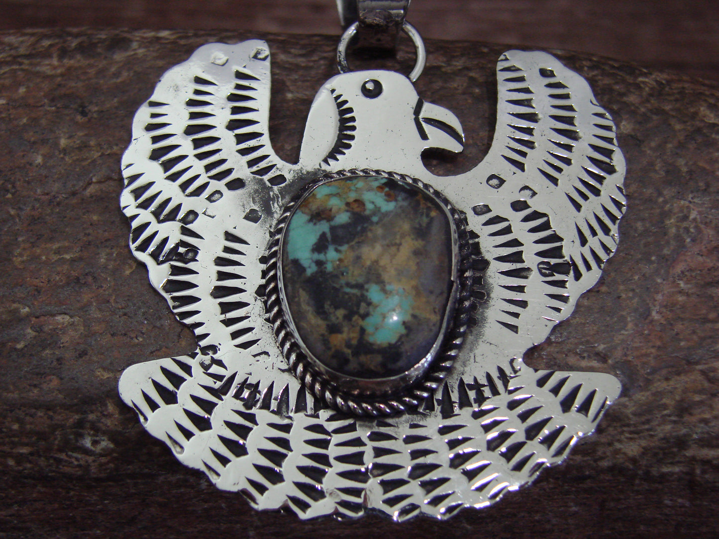 Native American Nickel Silver & Turquoise Eagle Pendant - Cleveland
