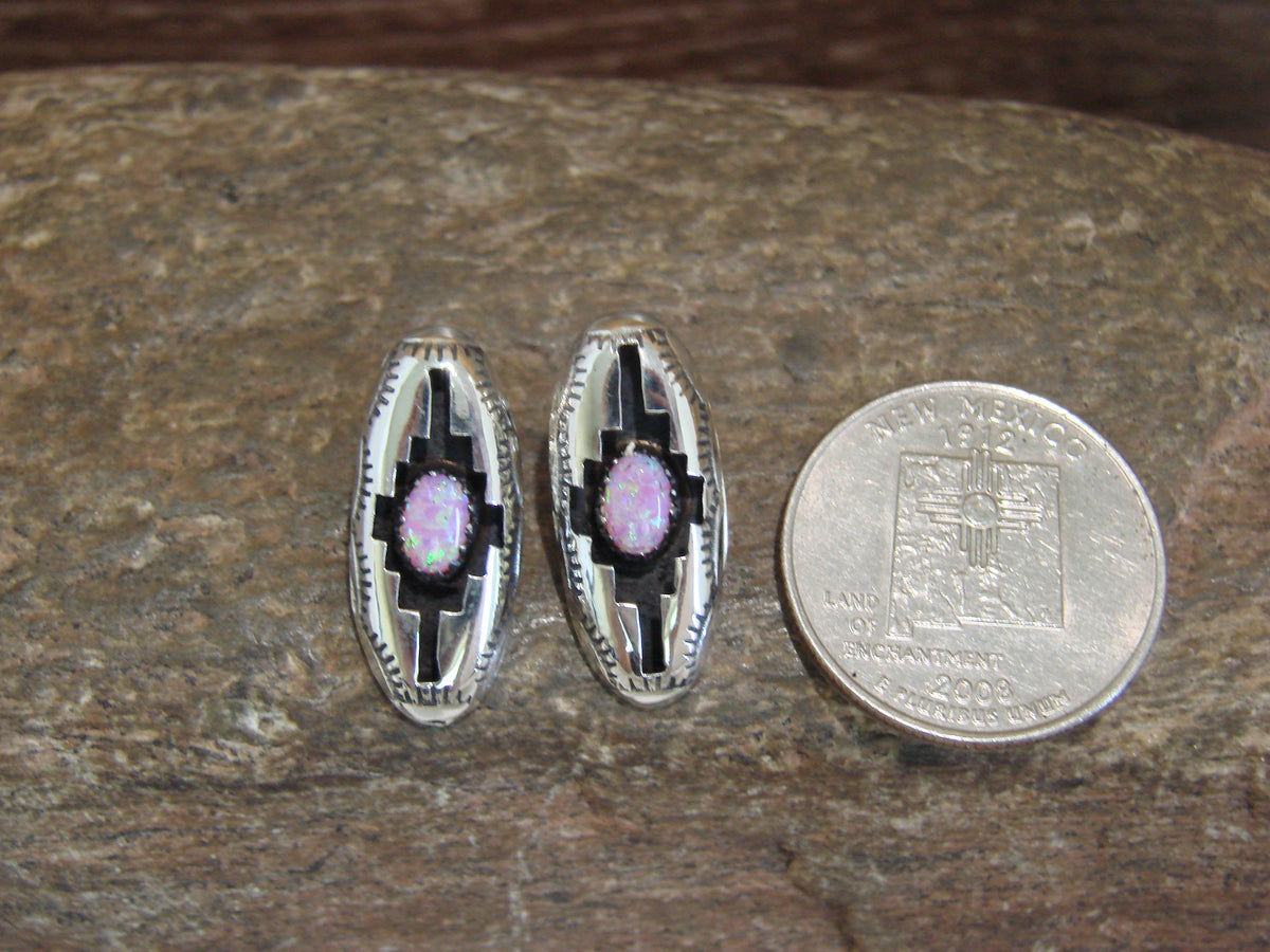 Native American Sterling Silver Shadowbox Pink Opal Post Earrings - Perry