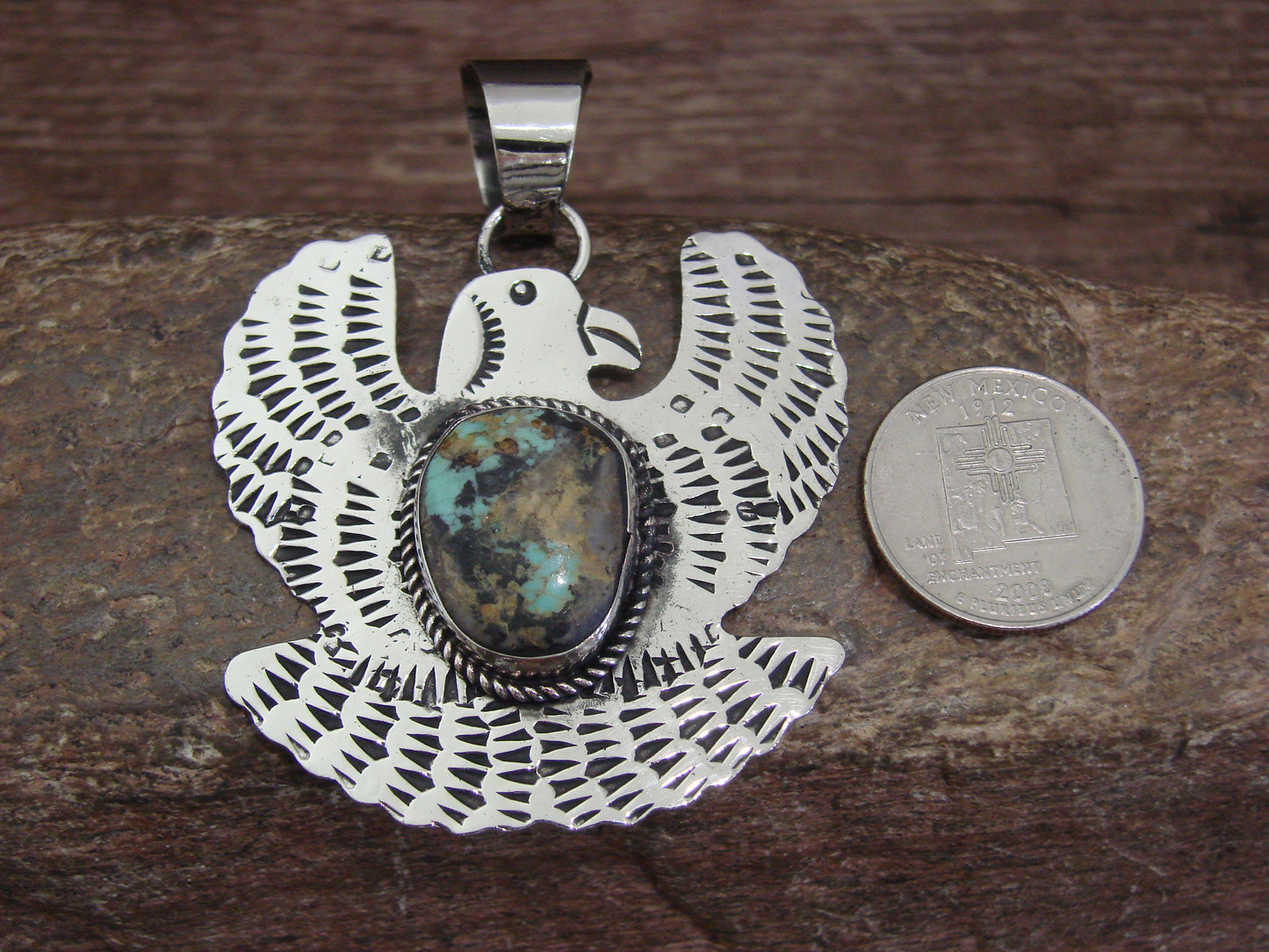 Native American Nickel Silver & Turquoise Eagle Pendant - Cleveland