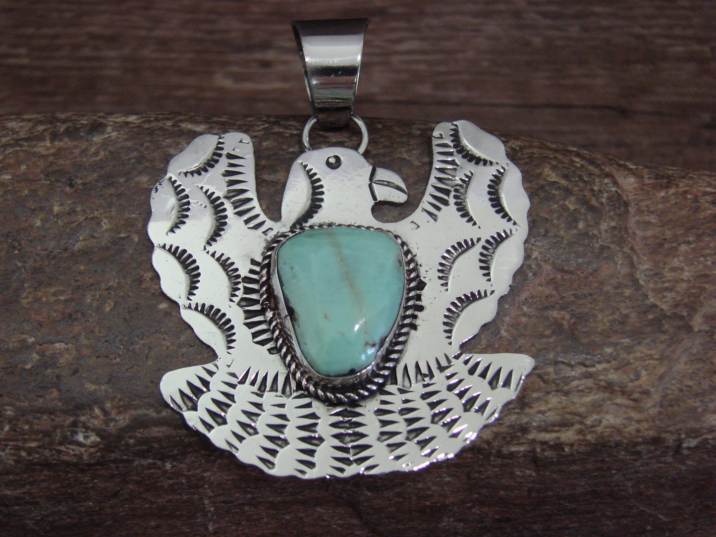 Native American Nickel Silver & Turquoise Eagle Pendant - Cleveland