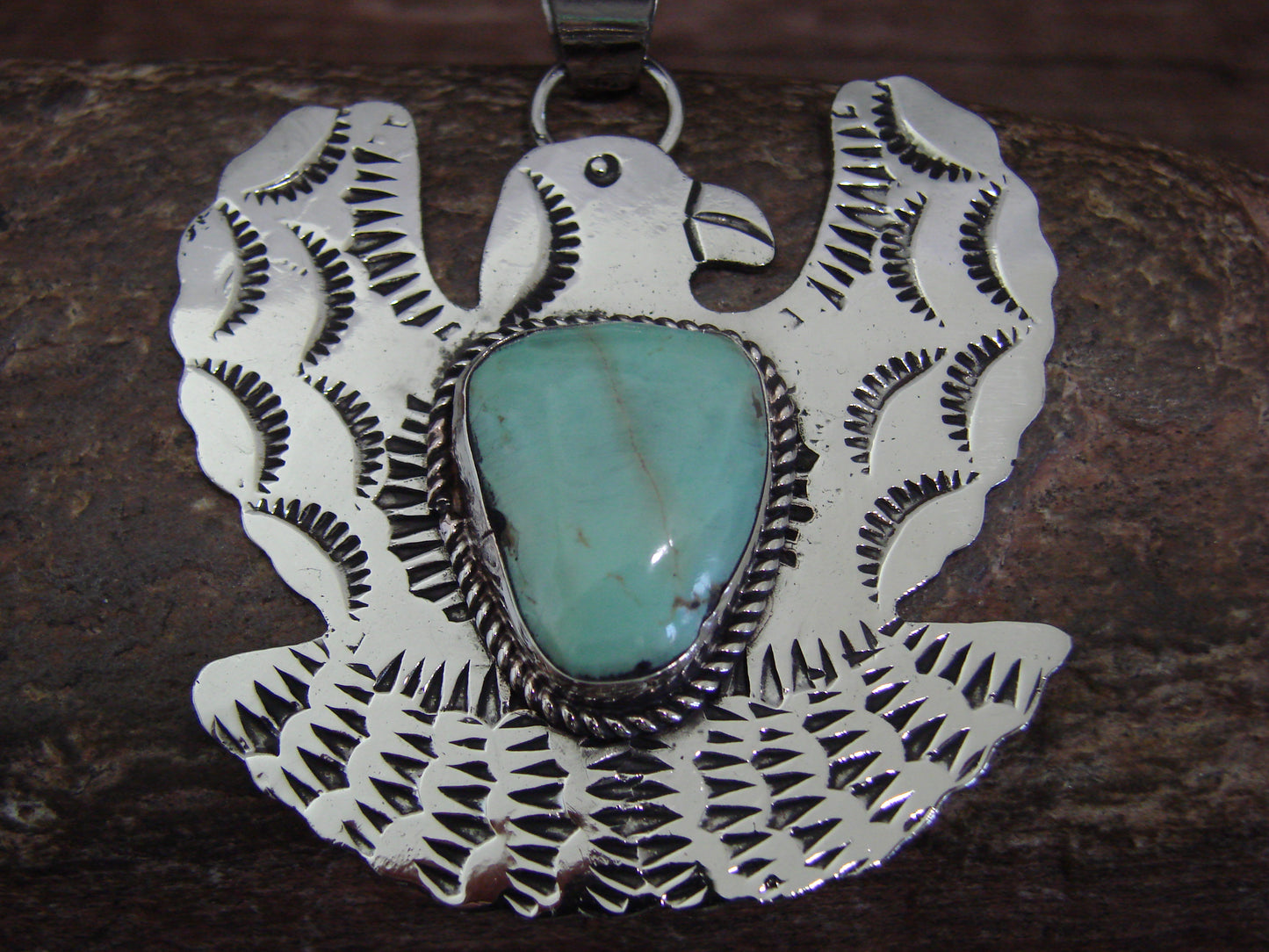 Native American Nickel Silver & Turquoise Eagle Pendant - Cleveland