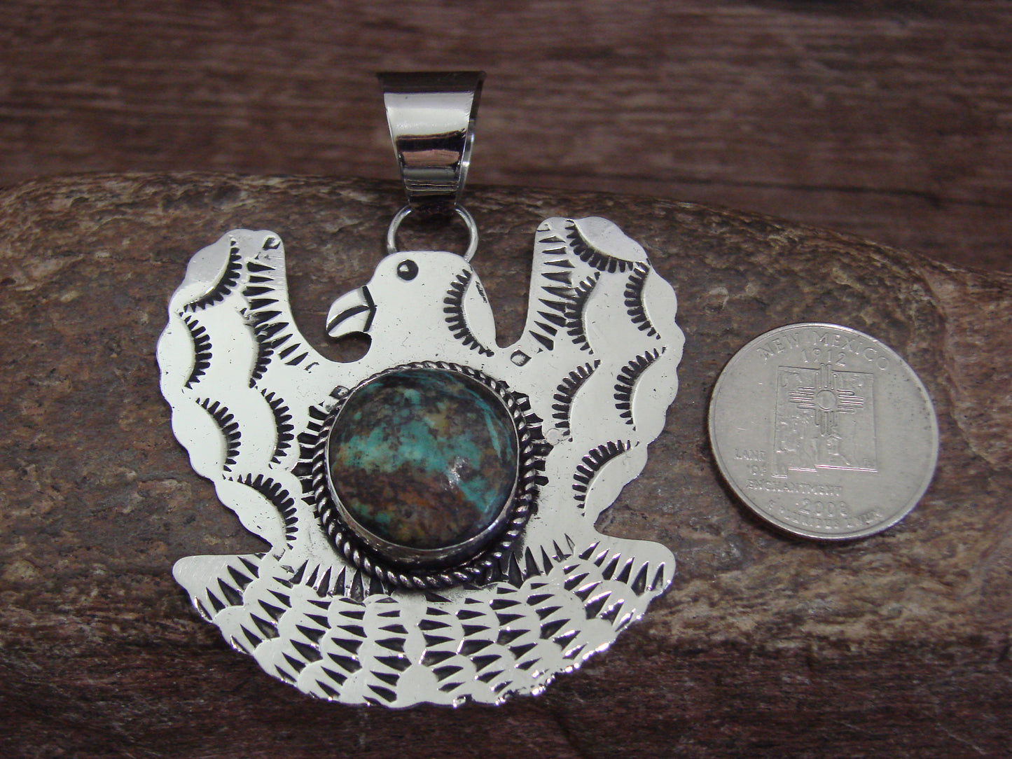 Native American Nickel Silver & Turquoise Eagle Pendant - Cleveland