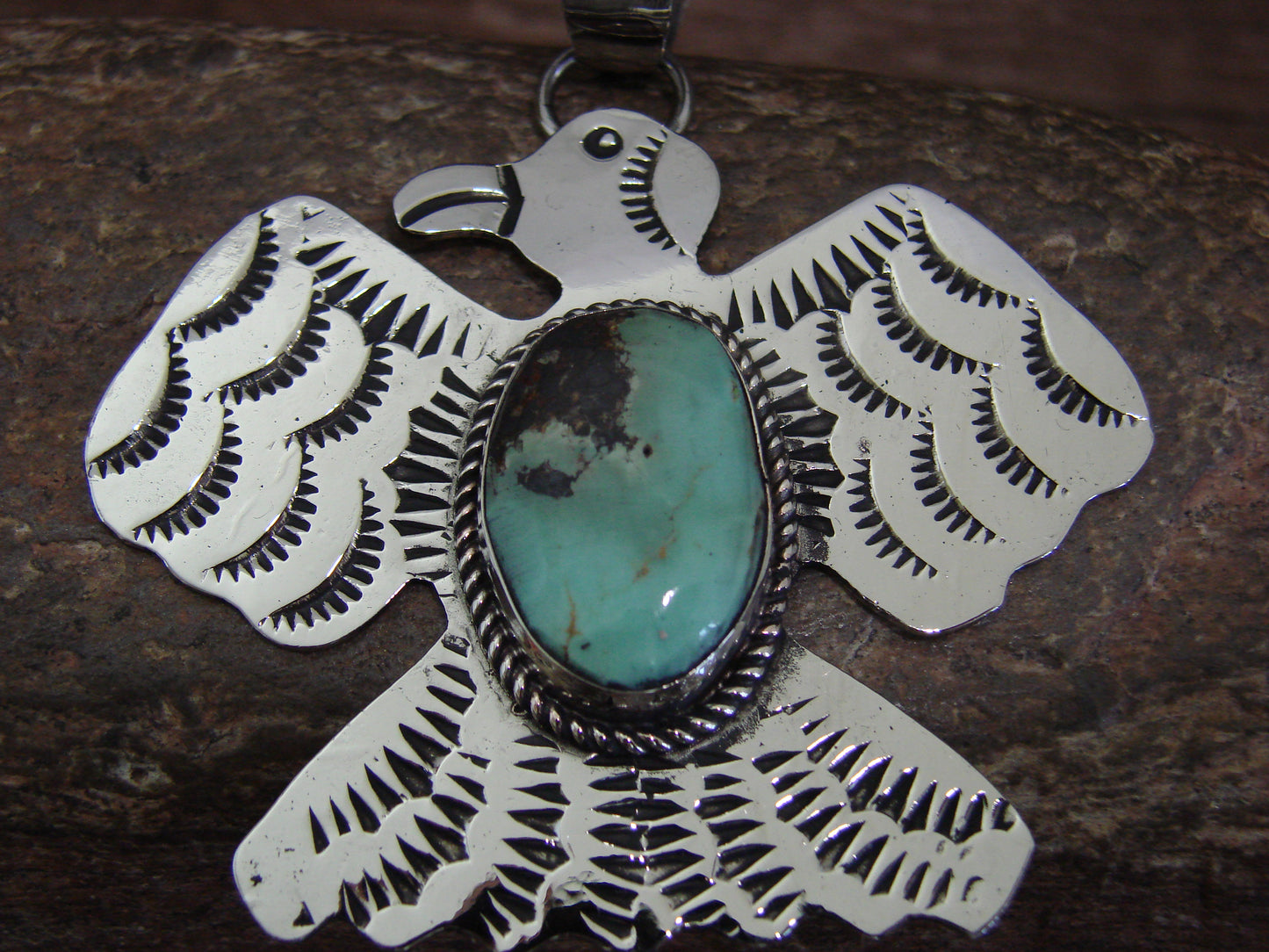Native American Nickel Silver & Turquoise Thunderbird Pendant - Cleveland