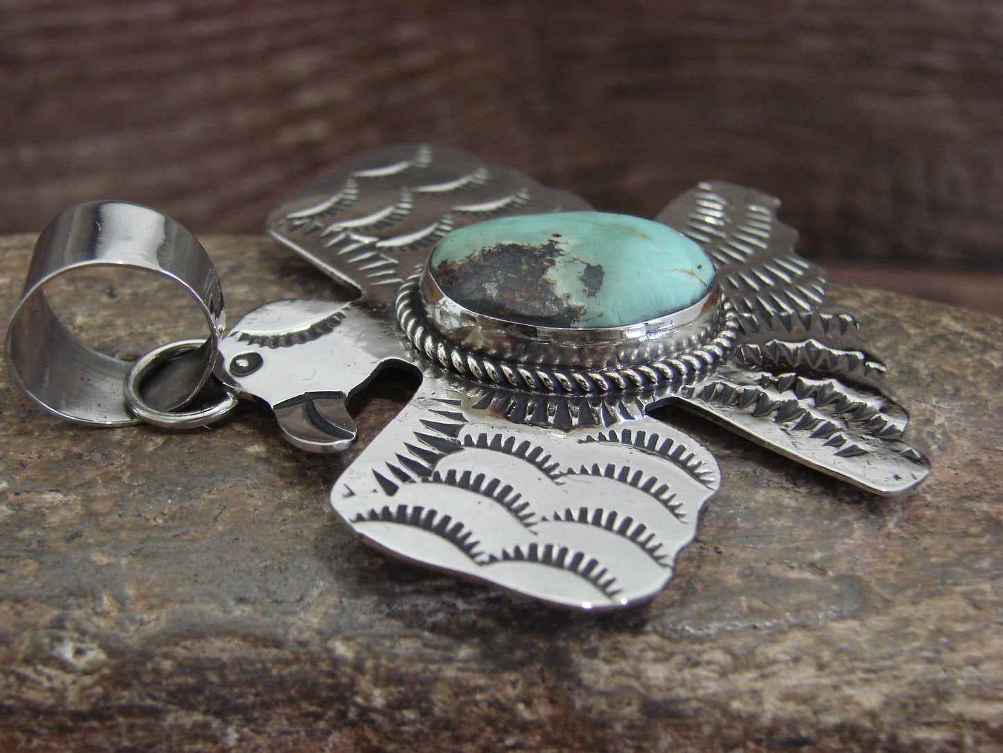 Native American Nickel Silver & Turquoise Thunderbird Pendant - Cleveland