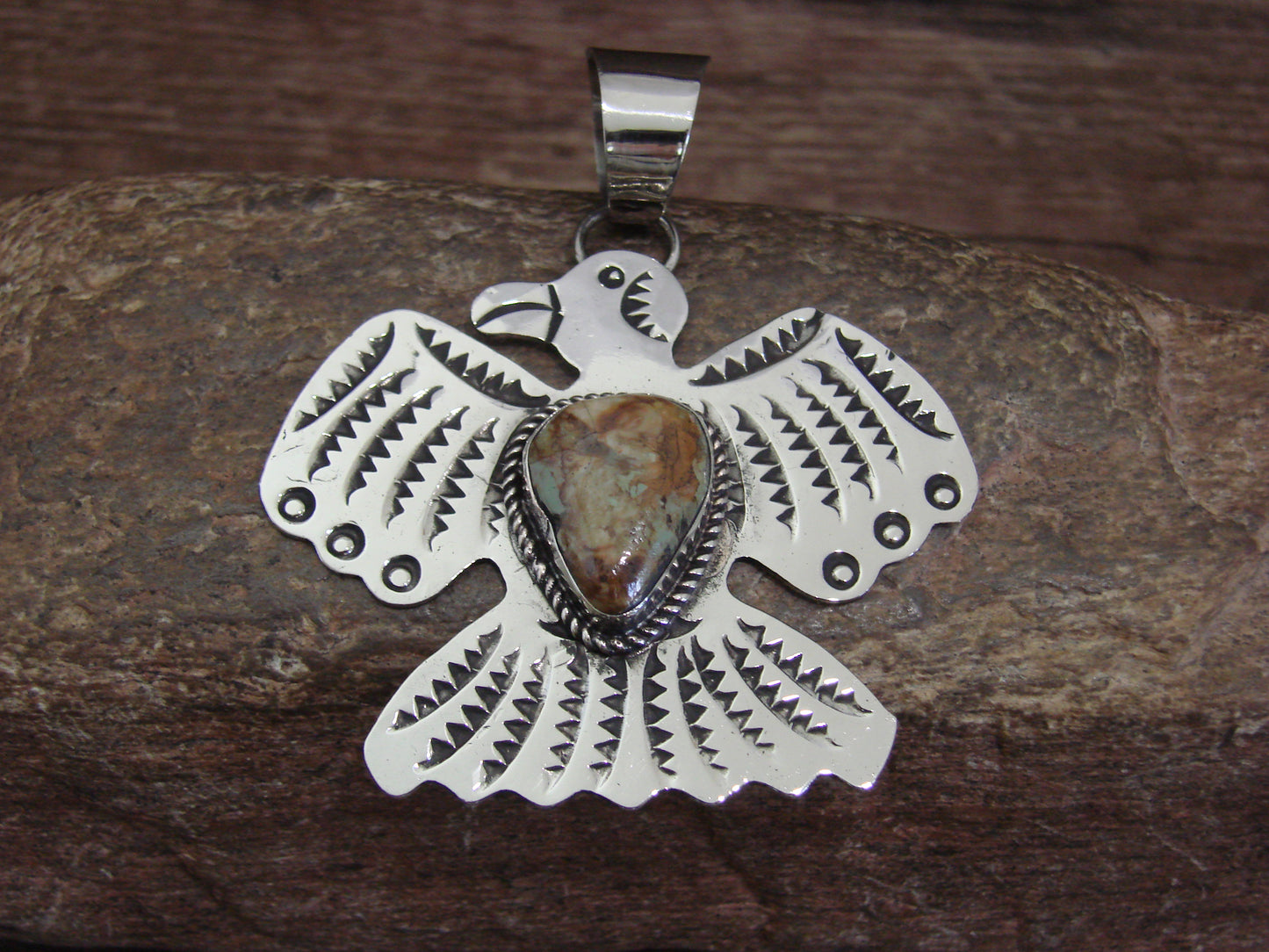 Native American Nickel Silver & Turquoise Thunderbird Pendant - Cleveland
