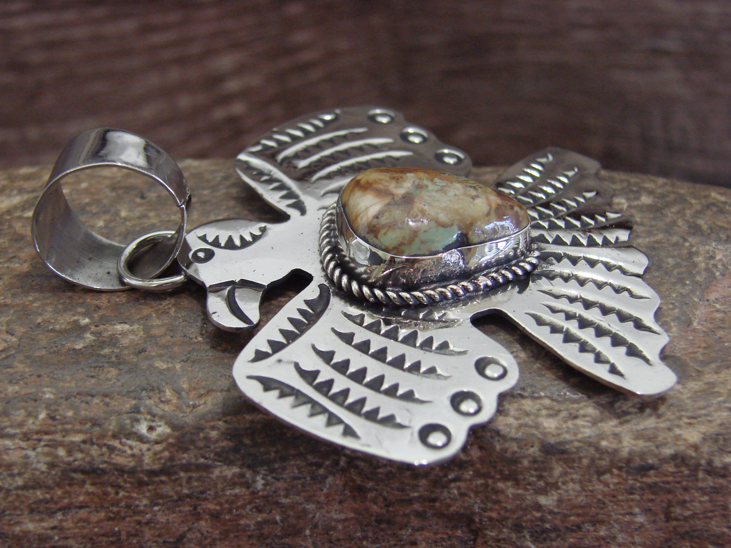 Native American Nickel Silver & Turquoise Thunderbird Pendant - Cleveland