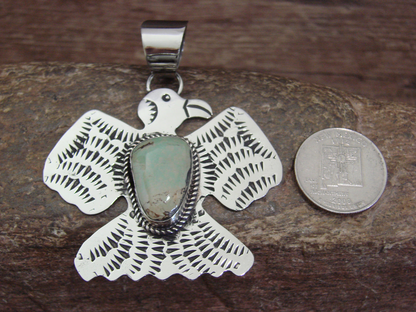 Native American Nickel Silver & Turquoise Thunderbird Pendant - Cleveland