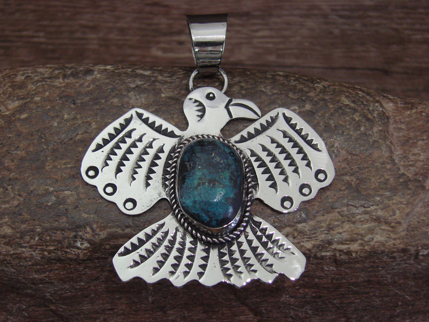 Native American Nickel Silver & Turquoise Thunderbird Pendant - Cleveland