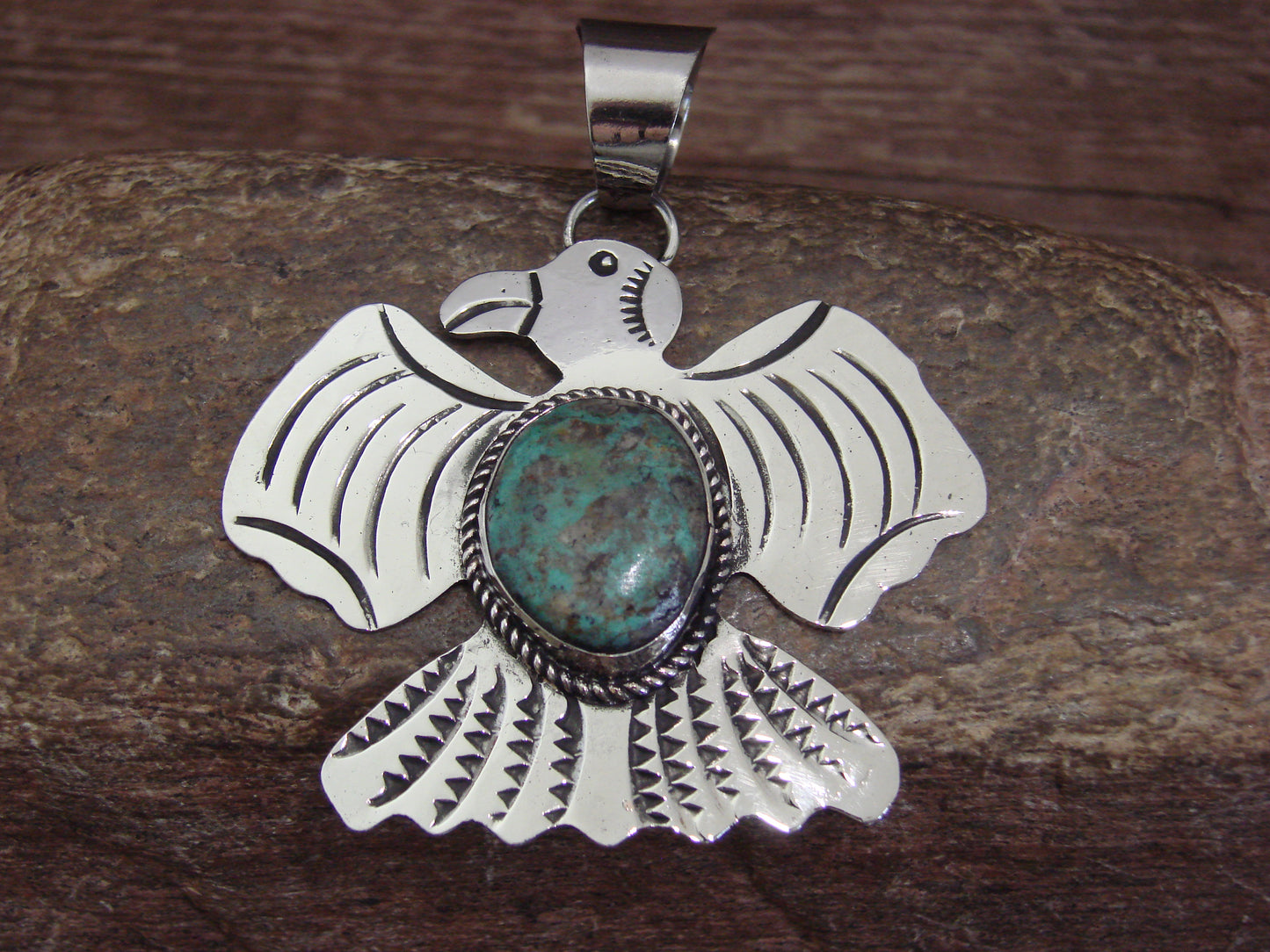 Native American Nickel Silver & Turquoise Thunderbird Pendant - Cleveland