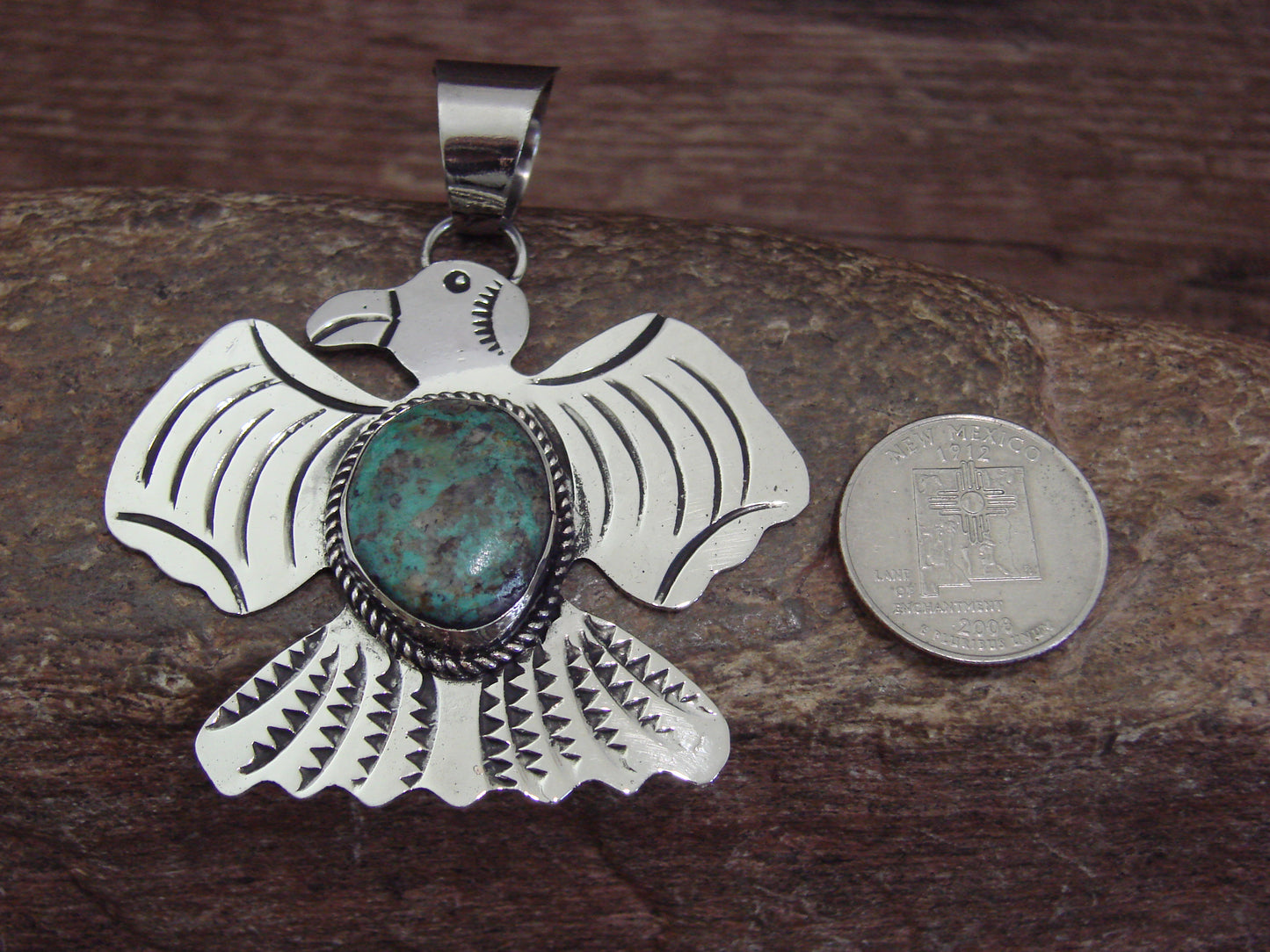 Native American Nickel Silver & Turquoise Thunderbird Pendant - Cleveland