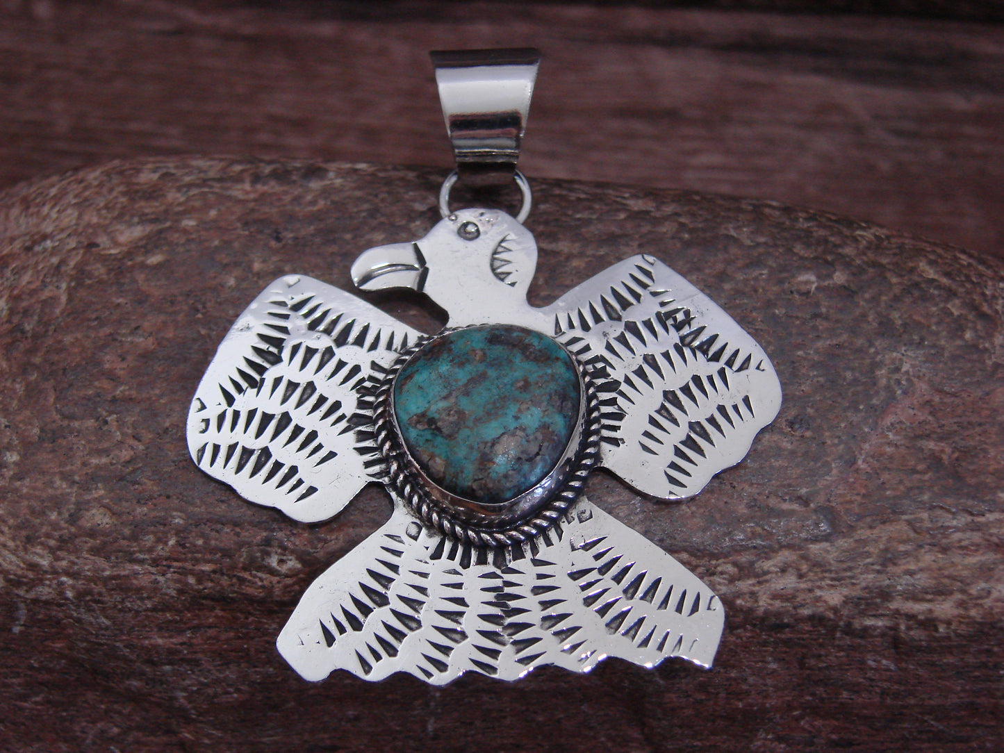 Native American Nickel Silver & Turquoise Thunderbird Pendant - Cleveland