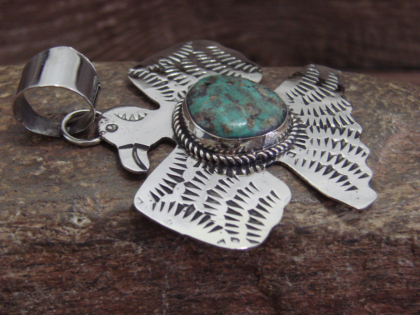 Native American Nickel Silver & Turquoise Thunderbird Pendant - Cleveland