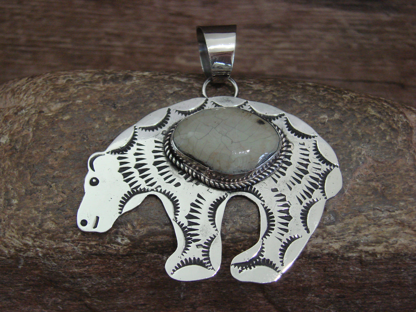 Native American Nickel Silver & Turquoise Bear Pendant - Cleveland