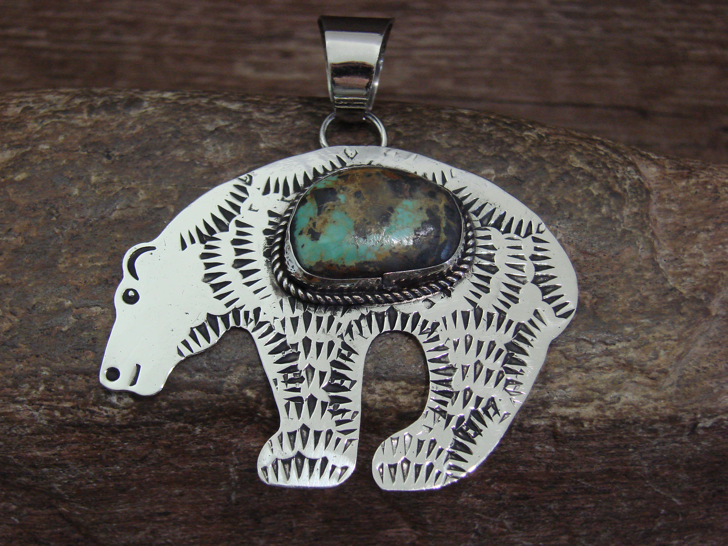 Native American Nickel Silver & Turquoise Bear Pendant - Cleveland